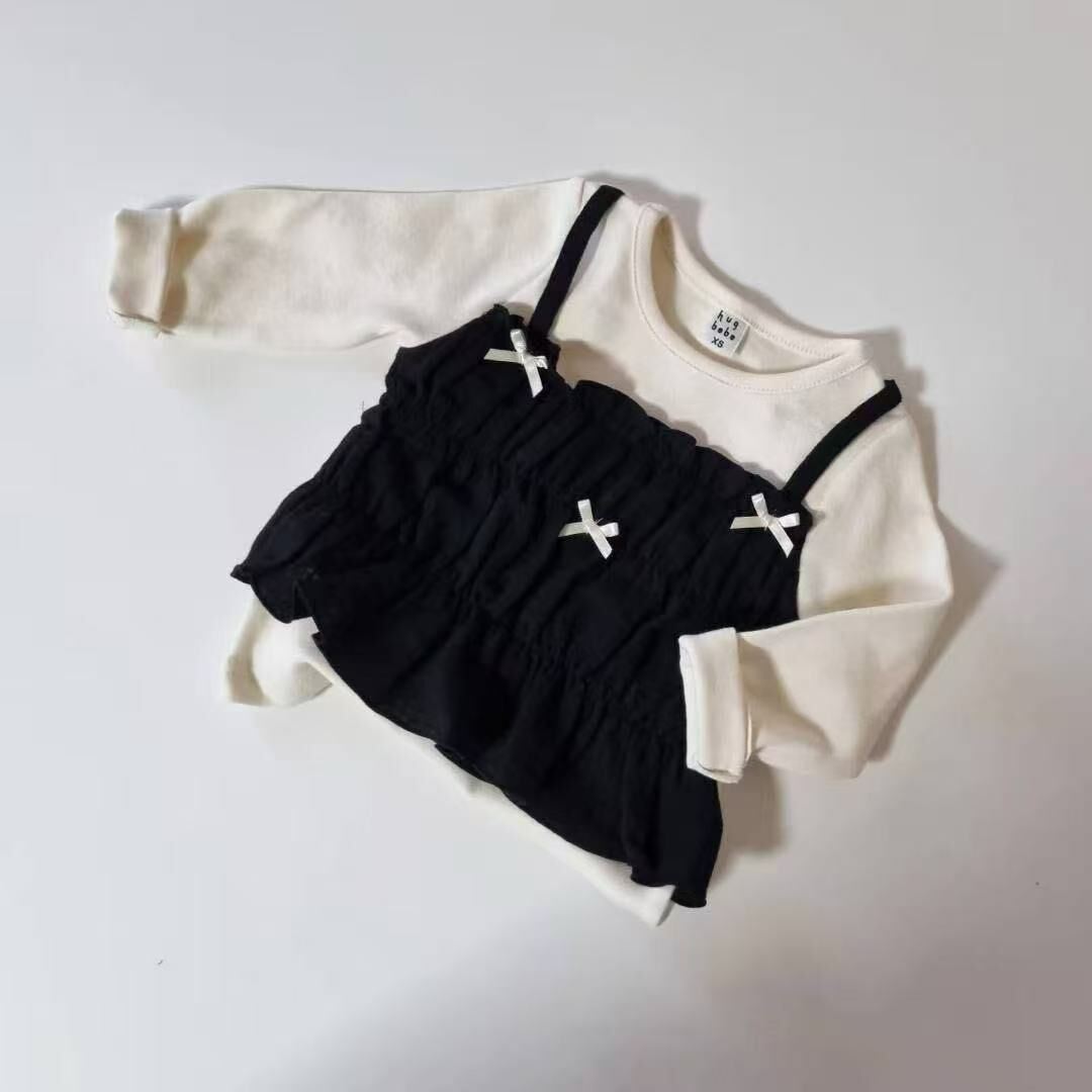 HBB10T002BK HUG BEBE-黑色假兩件蝴蝶結馬甲長袖上衣