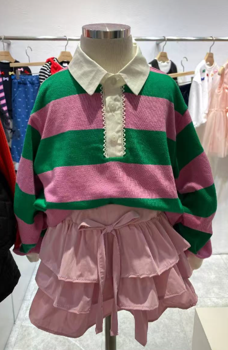 BYB10T039PK  PEACH-粉綠休閒Polo領條紋長袖上衣