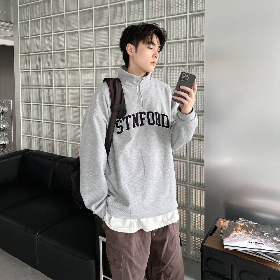 美式校園風 STNFORD 字母毛巾繡 半高領長袖