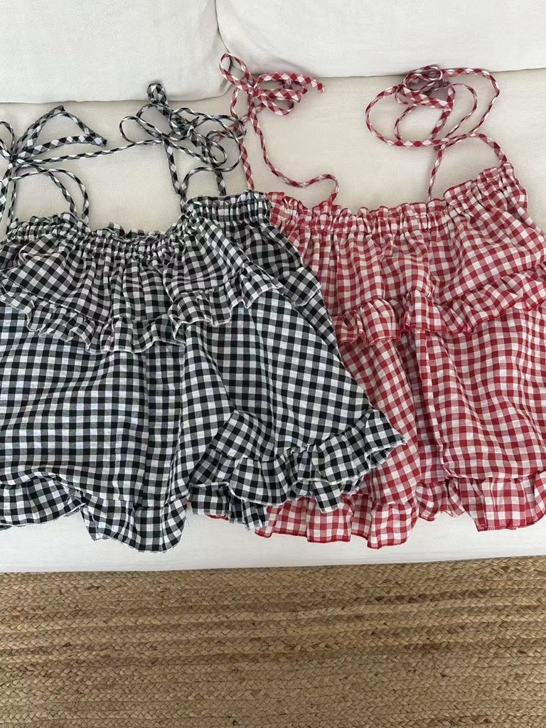 D08 格子平口上衣(紅/白)