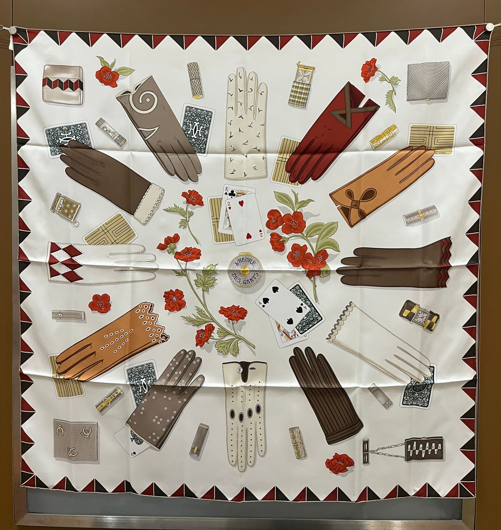 L'Heure des Gants scarf 90 Blanc Casse / Étoupe /Rouge H