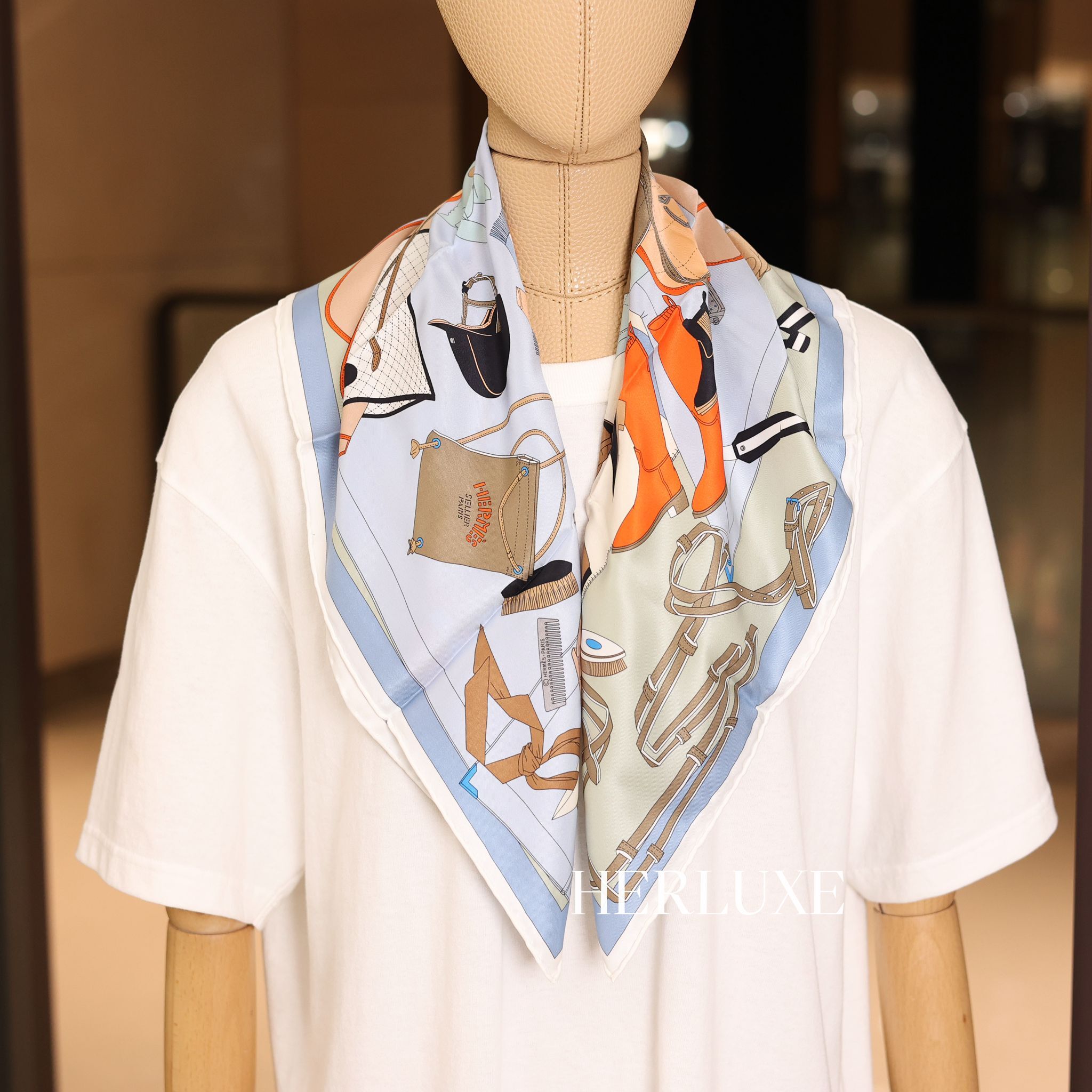 Pele-Mele Sellier scarf 70x70cm Bleu Ciel / Étoupe/Vermillon