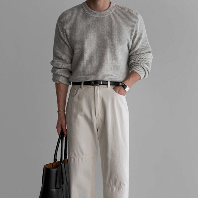 韓版最新老錢風圓領側扣設計感秋季針織毛衣