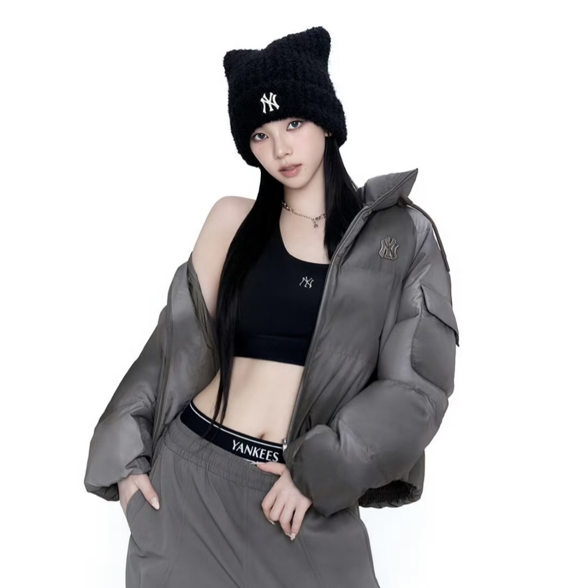 MLB X KARINA 貓耳帽 兩色 韓國限定 卡寶同款 針織毛帽 秋冬 刺繡 經典LOGO