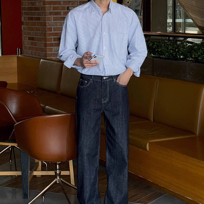 日系百搭衣櫃必備秋季條紋長袖襯衫