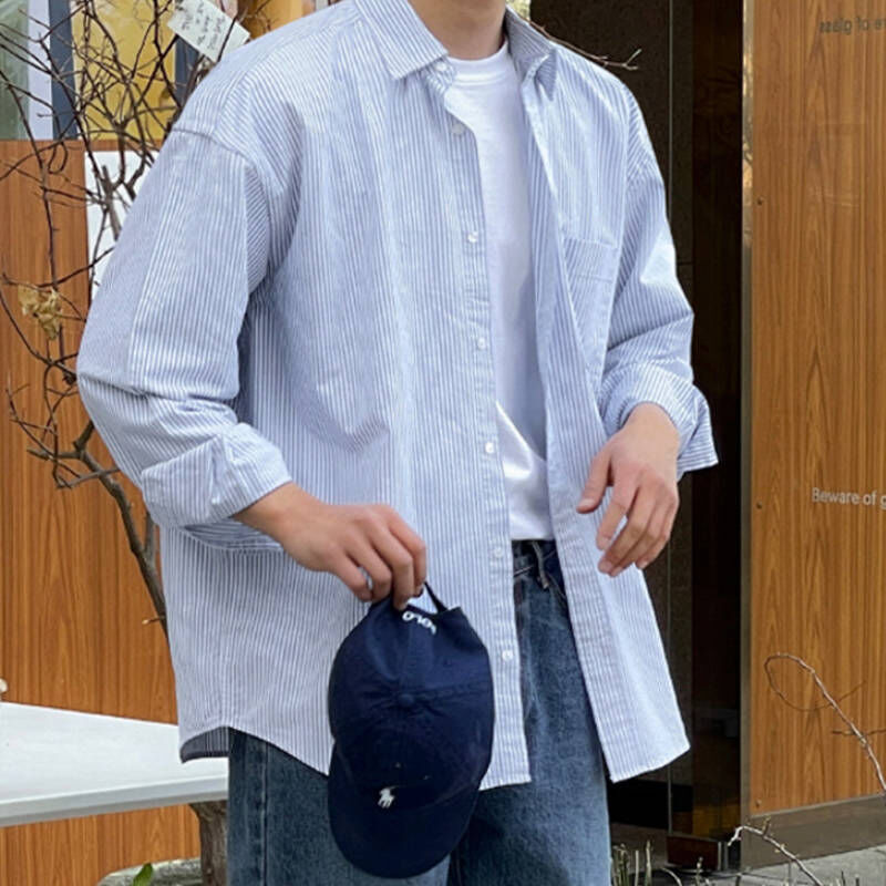 日系百搭衣櫃必備秋季條紋長袖襯衫