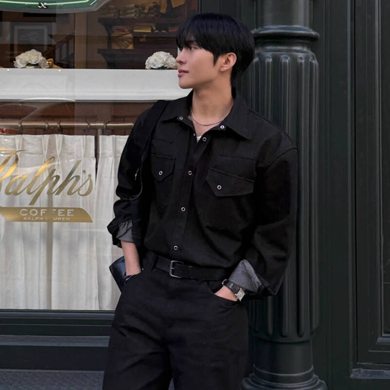 復古硬漢帥特殊剪裁翻領深藍色丹寧襯衫外套