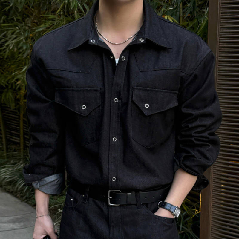 復古硬漢帥特殊剪裁翻領深藍色丹寧襯衫外套