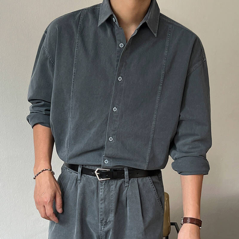 韓版剪裁復古水洗秋季長袖休閒襯衫