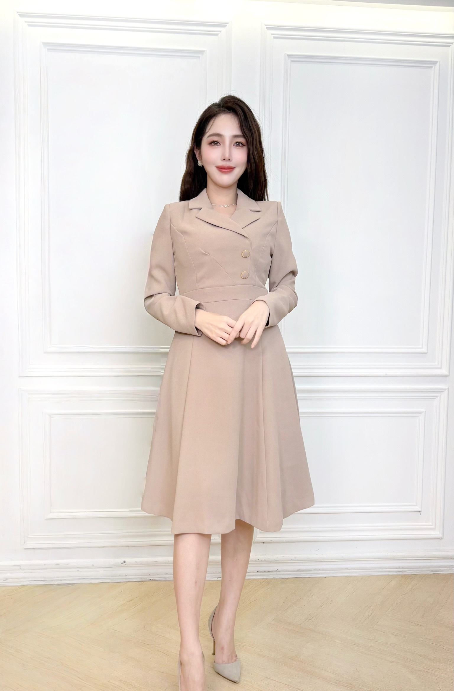 典雅側雙釦長袖傘洋