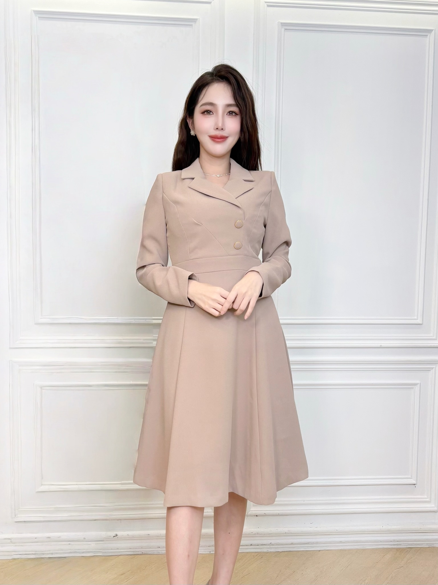 典雅側雙釦長袖傘洋