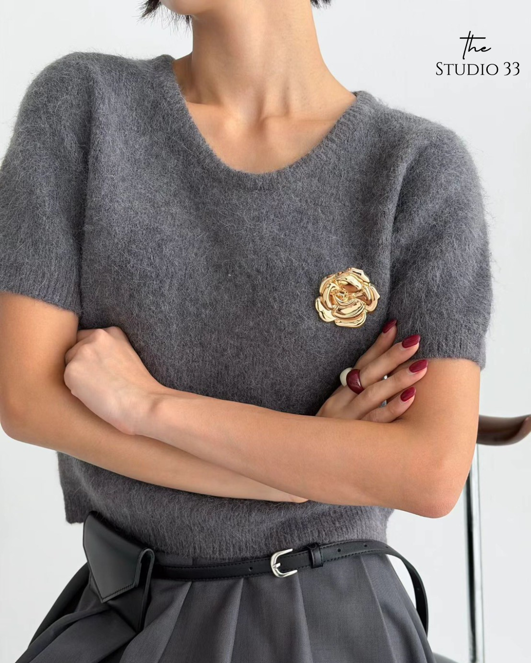 Marie-Marie| 溫柔山茶花短袖針織上衣