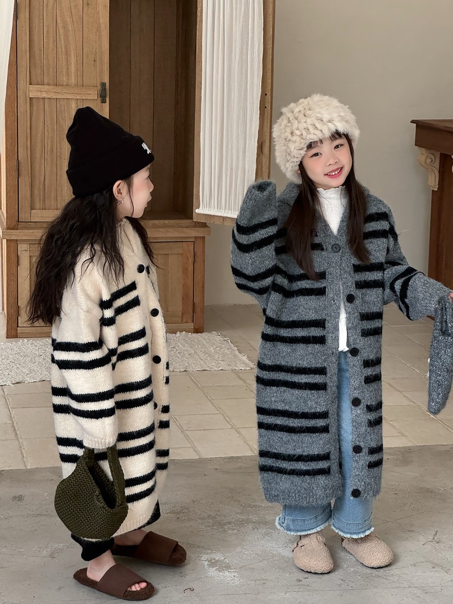 慵懶條紋長版連帽針織外套