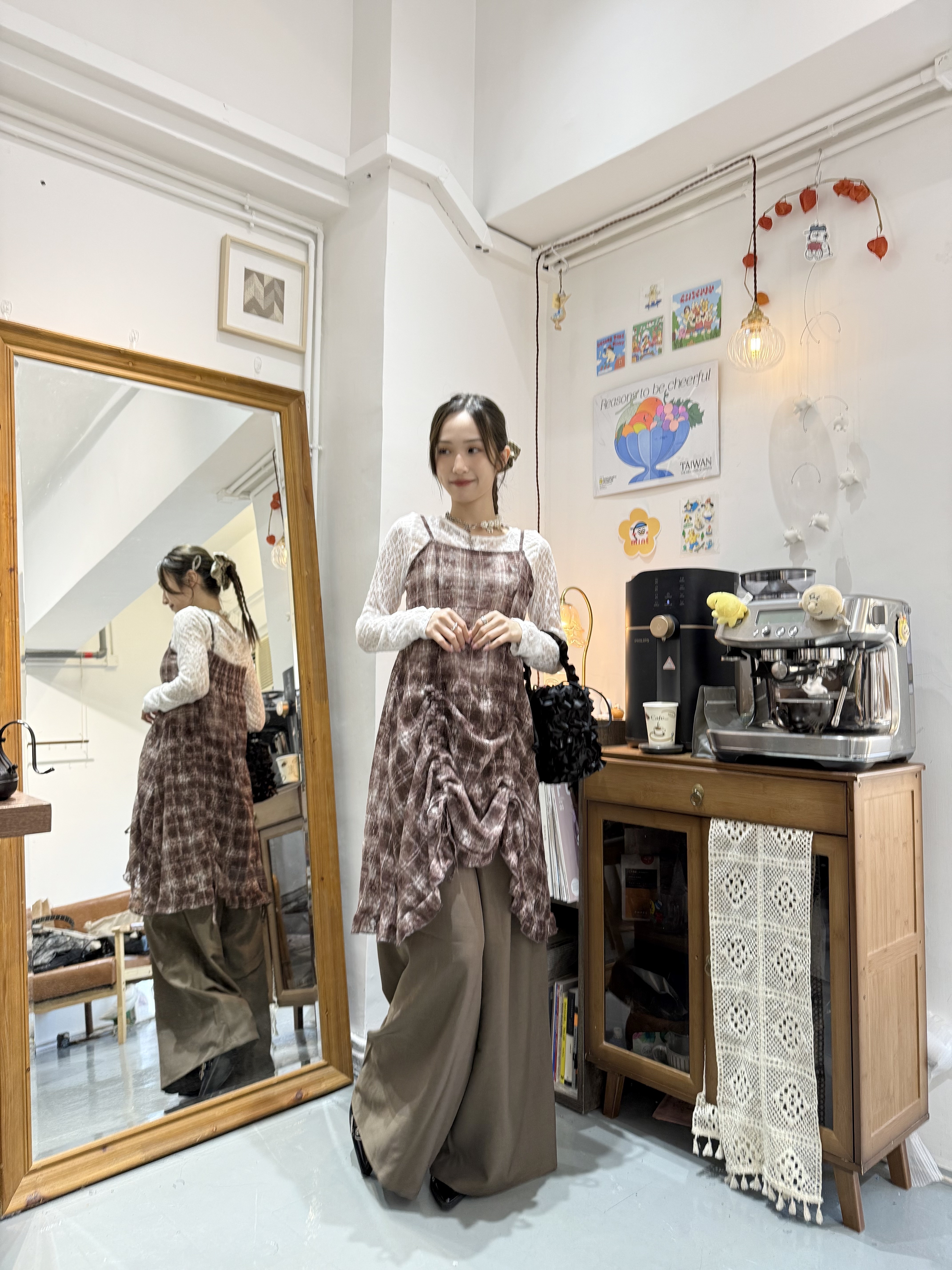 格子刺繡花花就摺束繩layer