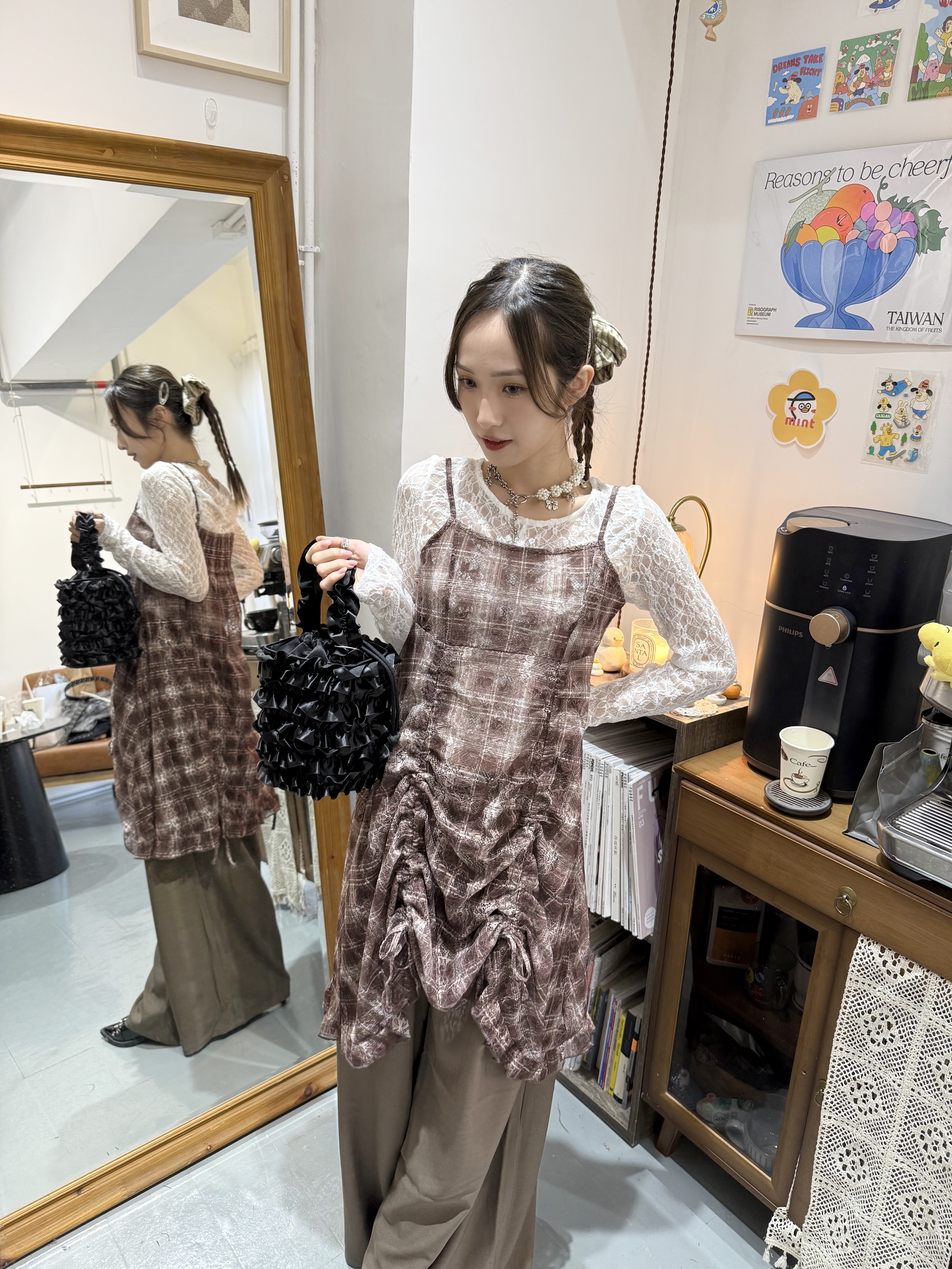 格子刺繡花花就摺束繩layer