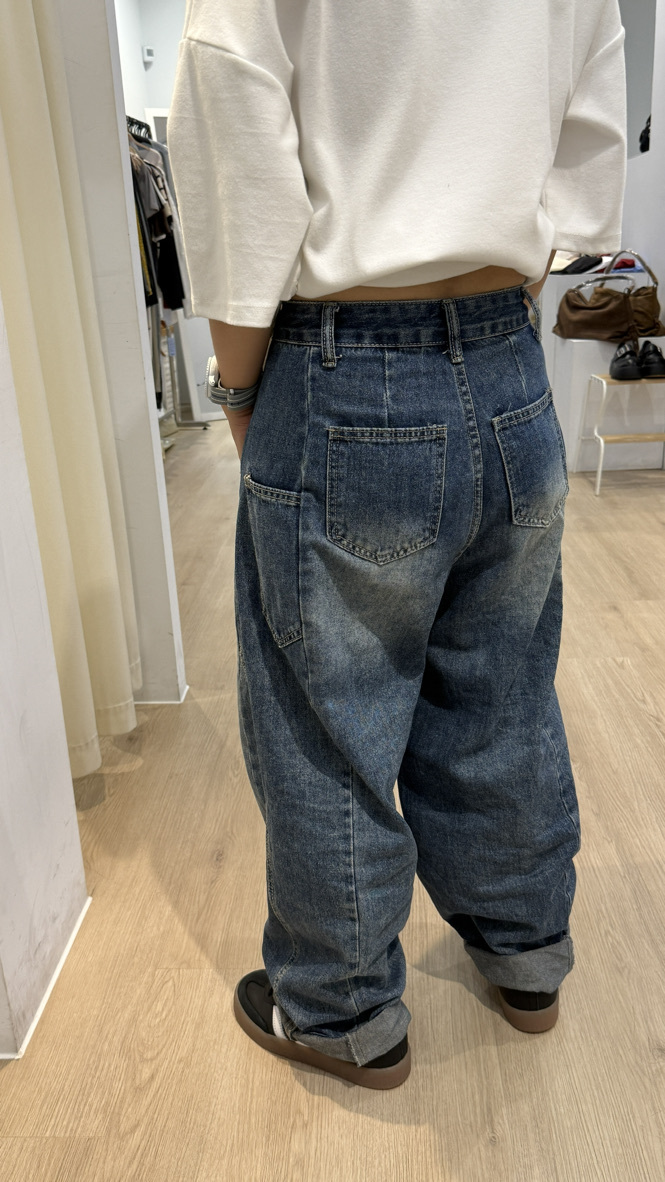 (現貨)超好看101cm復古Deep blue車線牛仔繭型褲SMLXL _3297
