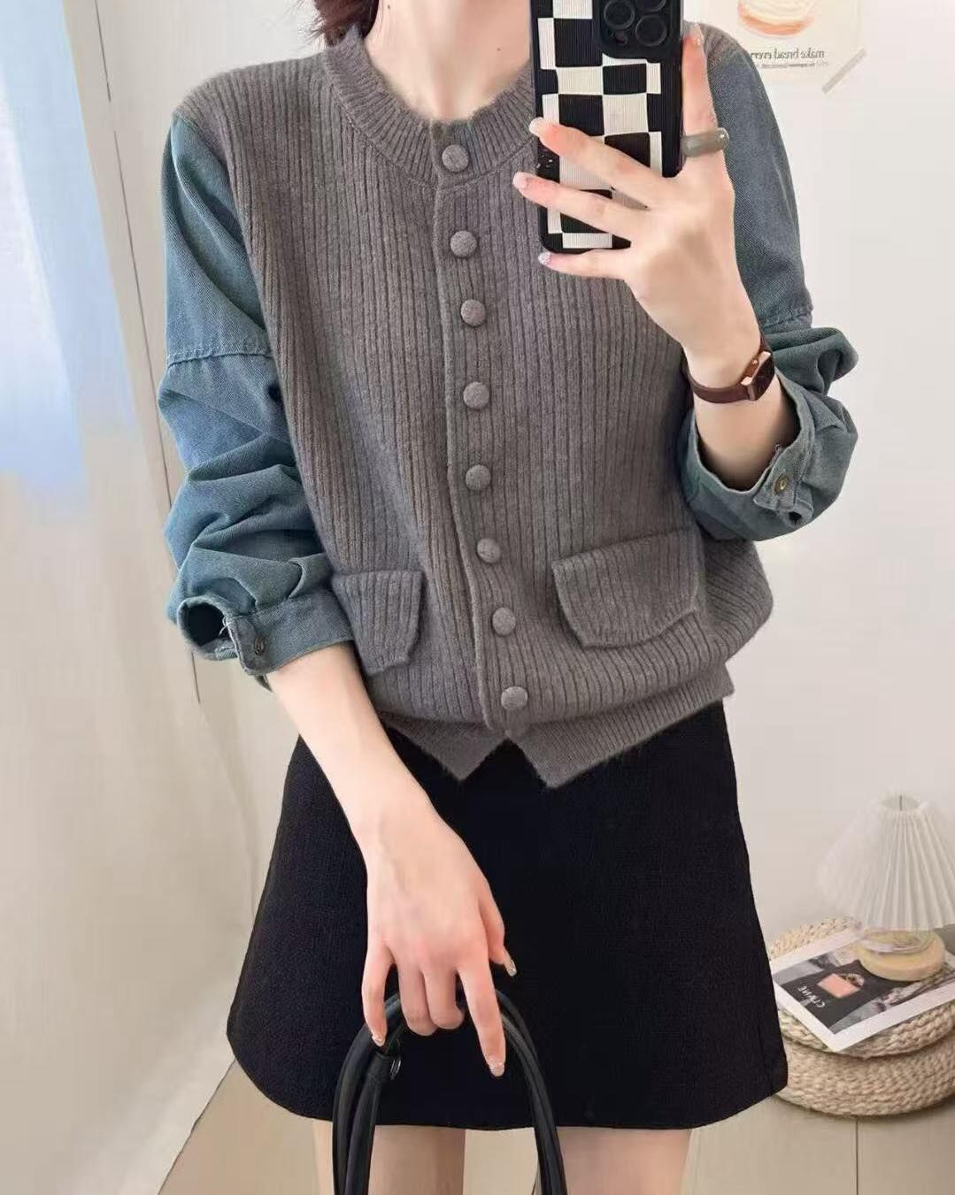 【質感滿分牛仔手袖拼針織上衣】（現貨）