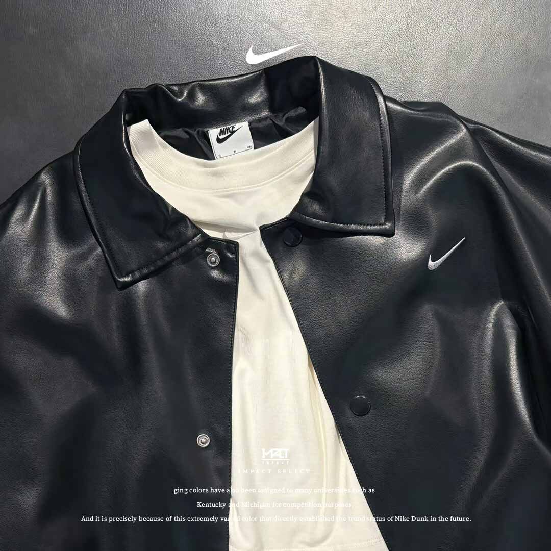 Nike Sportswear Oversize 軟皮外套 翻領 豹紋 夾克 女款 黑色 IO0477-010