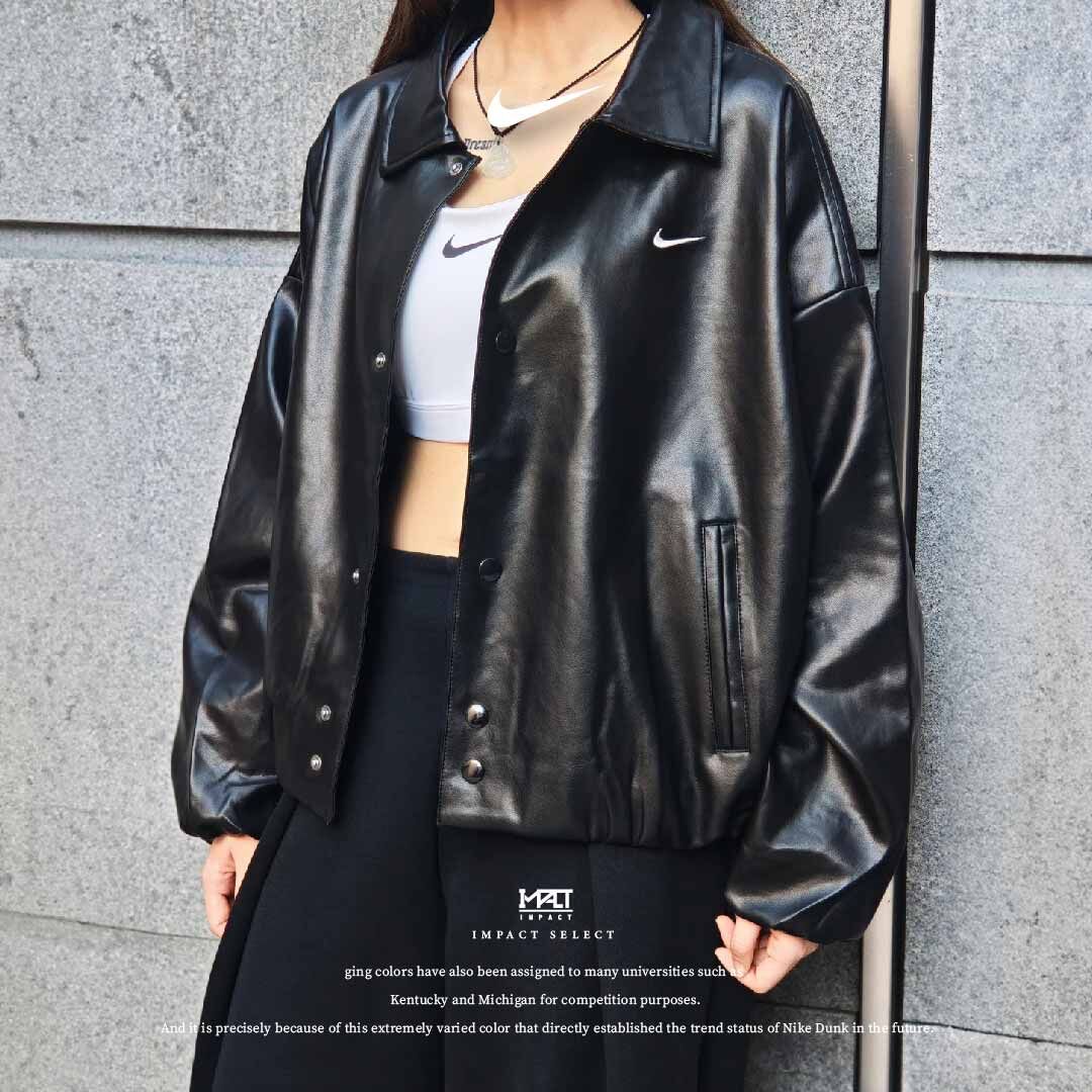 Nike Sportswear Oversize 軟皮外套 翻領 豹紋 夾克 女款 黑色 IO0477-010