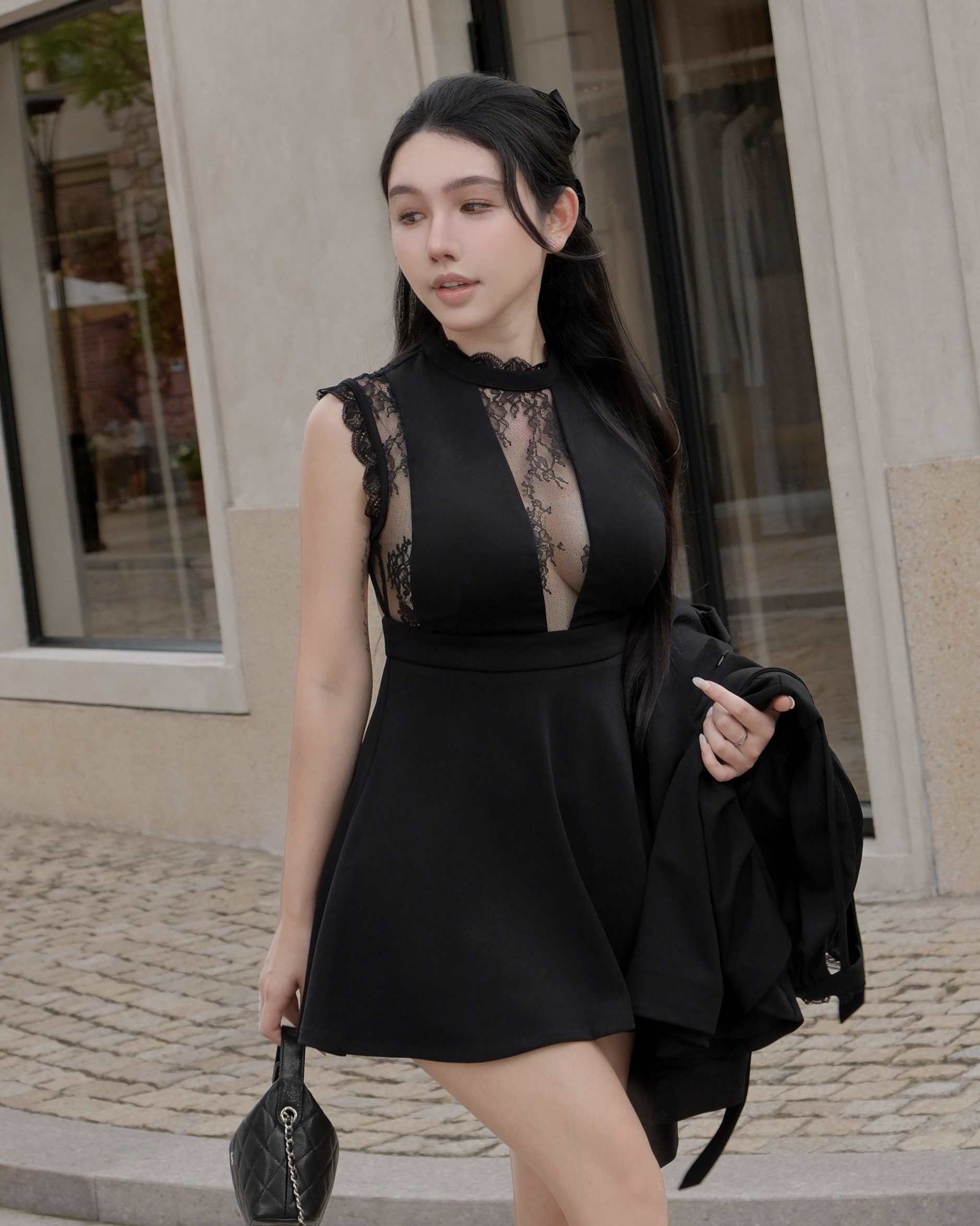 訂製-性感透視蕾絲美背傘洋