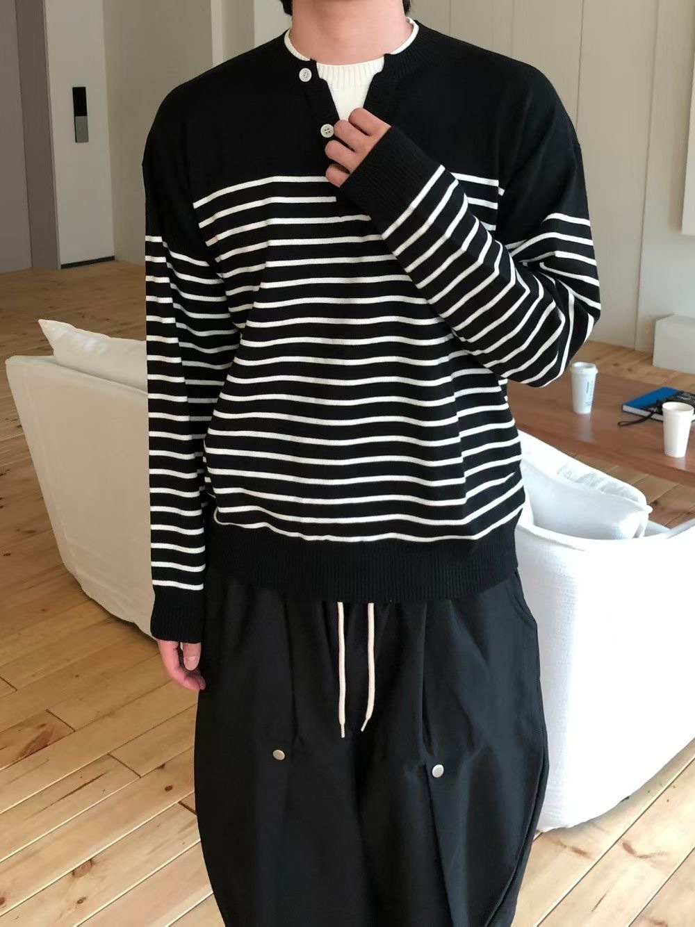 【預購】條紋開襟針織上衣 韓系極簡百搭