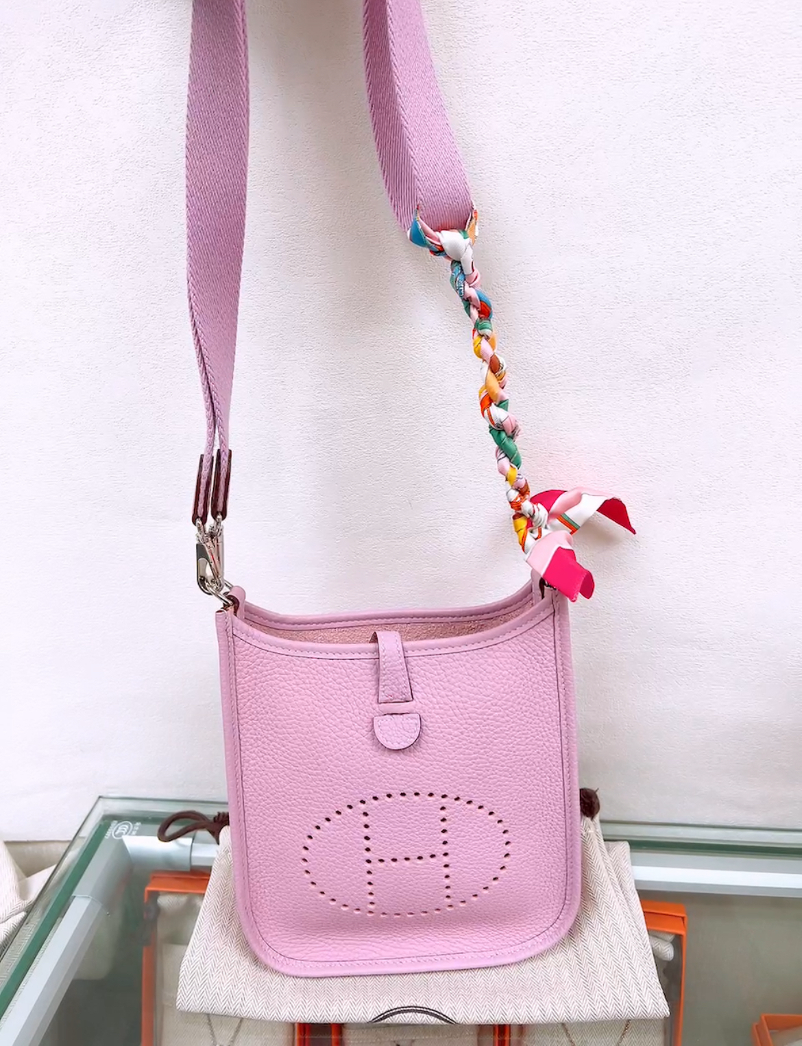 *Unused* Hermes mini evelyne (Mauve Sylvestre PHW/ Stamp U)