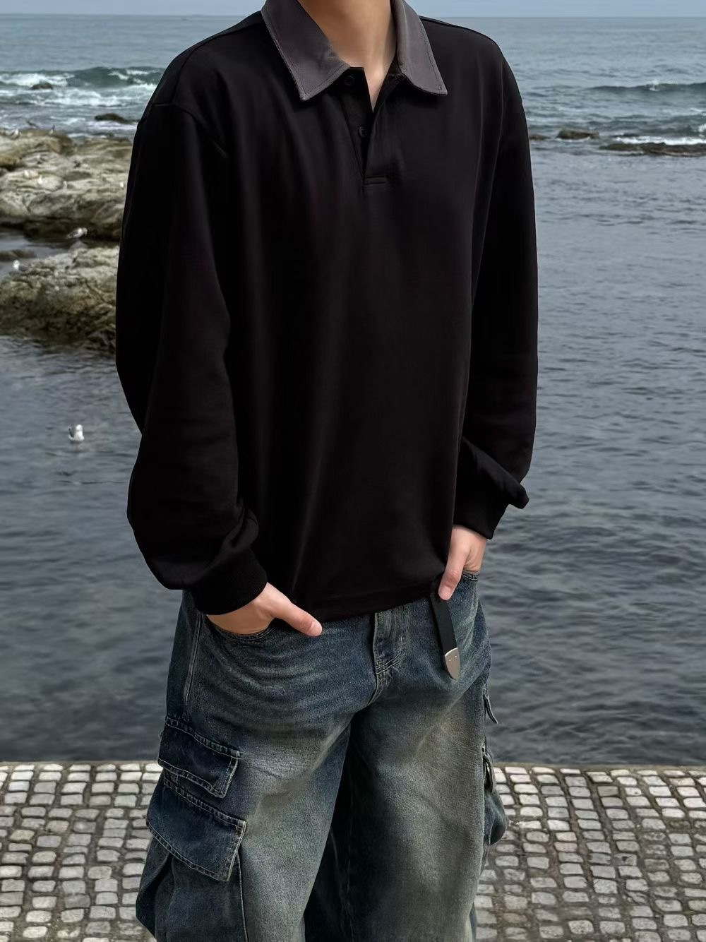 【預購】撞色領長袖上衣 韓系極簡Polo領