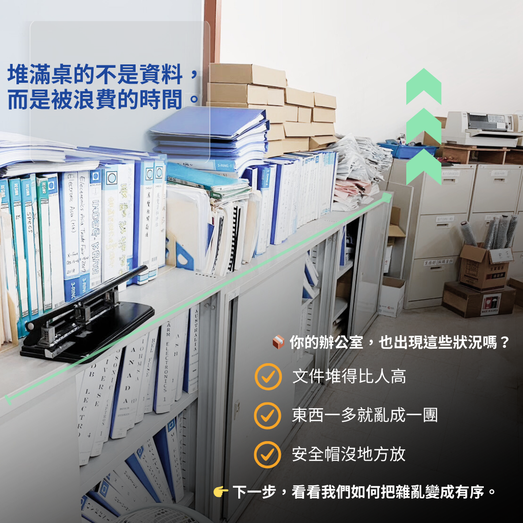 雜亂辦公室桌面與堆滿文件櫃,象徵低效率的工作環境。文案:「堆滿桌的不是資料,而是被浪費的時間。」提醒企業重視空間整頓與收納管理。