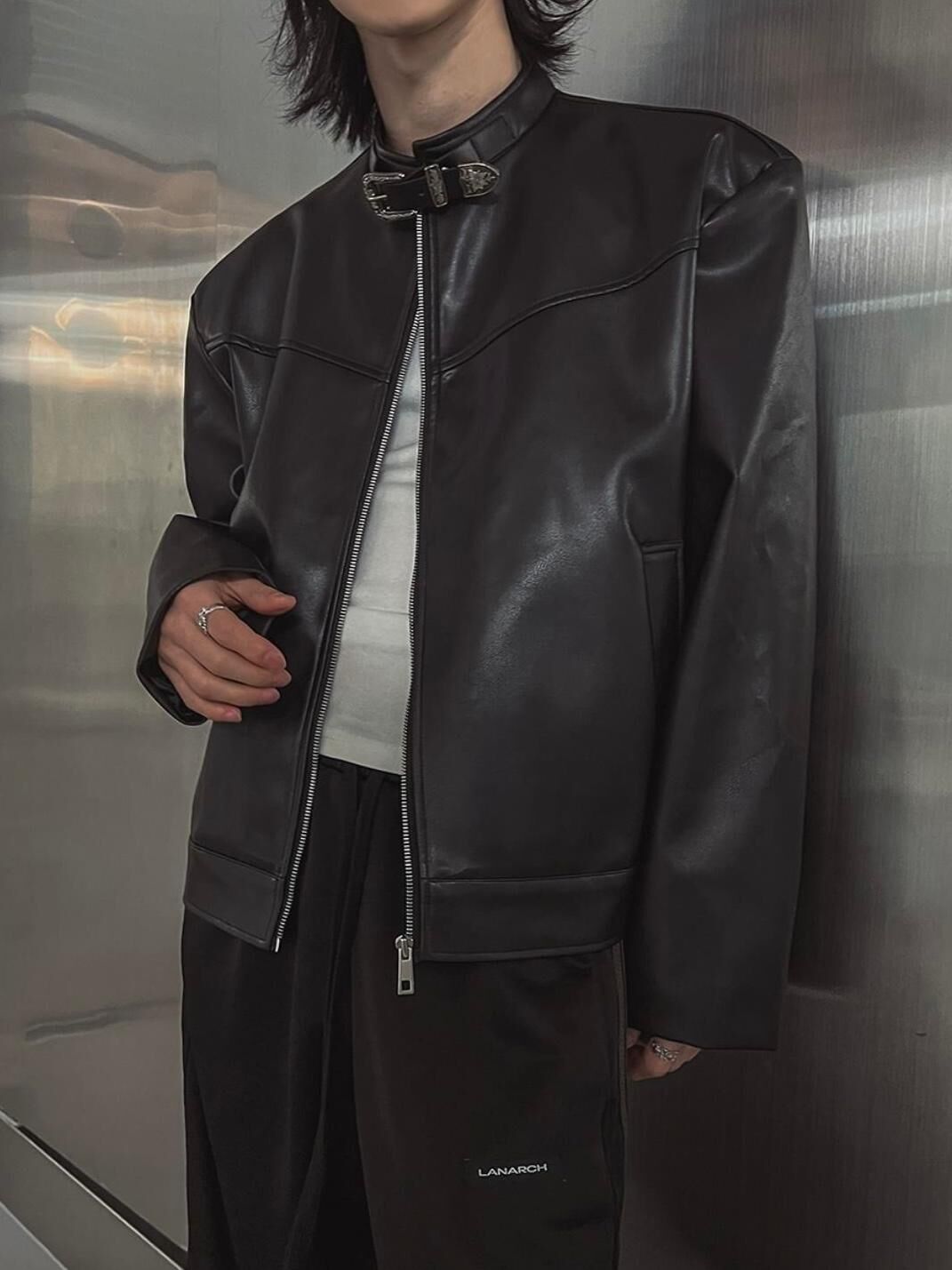 淨色企領拉鍊合成皮褸 1990S-004JK