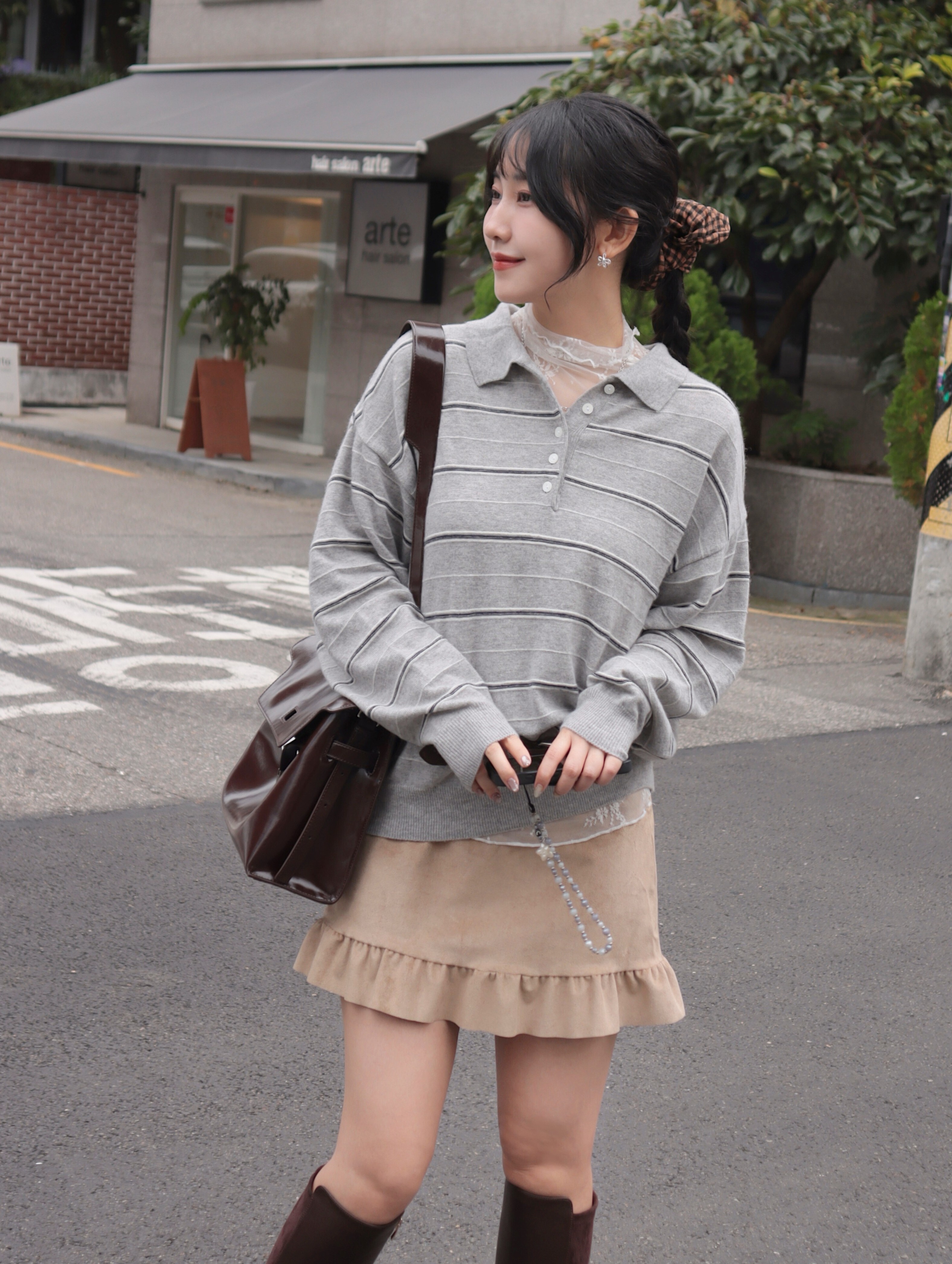 25H107 miu miu風格隨性感條紋坑條Polo安格拉羊毛針織上衣 (自留款)