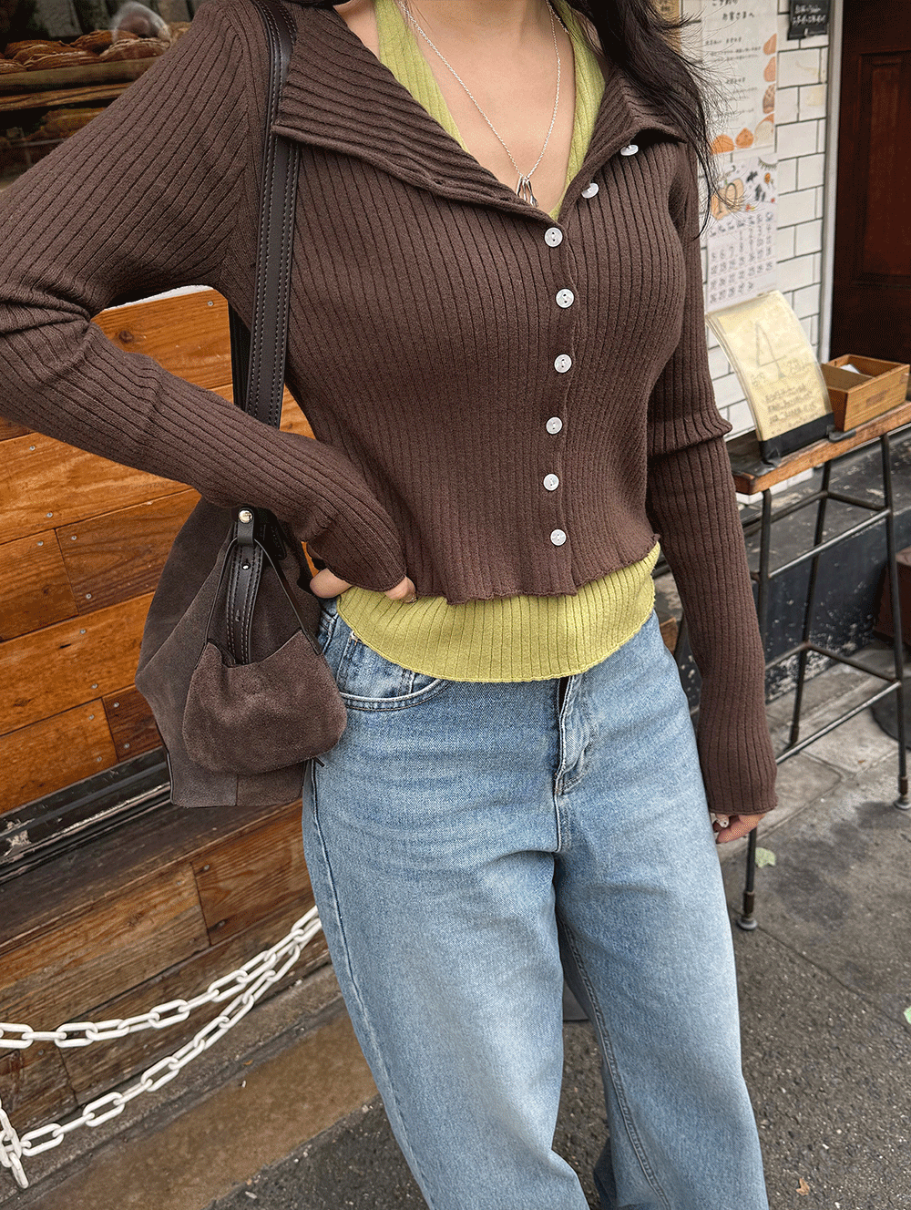 25H111 本期推薦! 繞脖針織背心拼接排釦外套假兩件針織上衣 (超親膚 大推!)