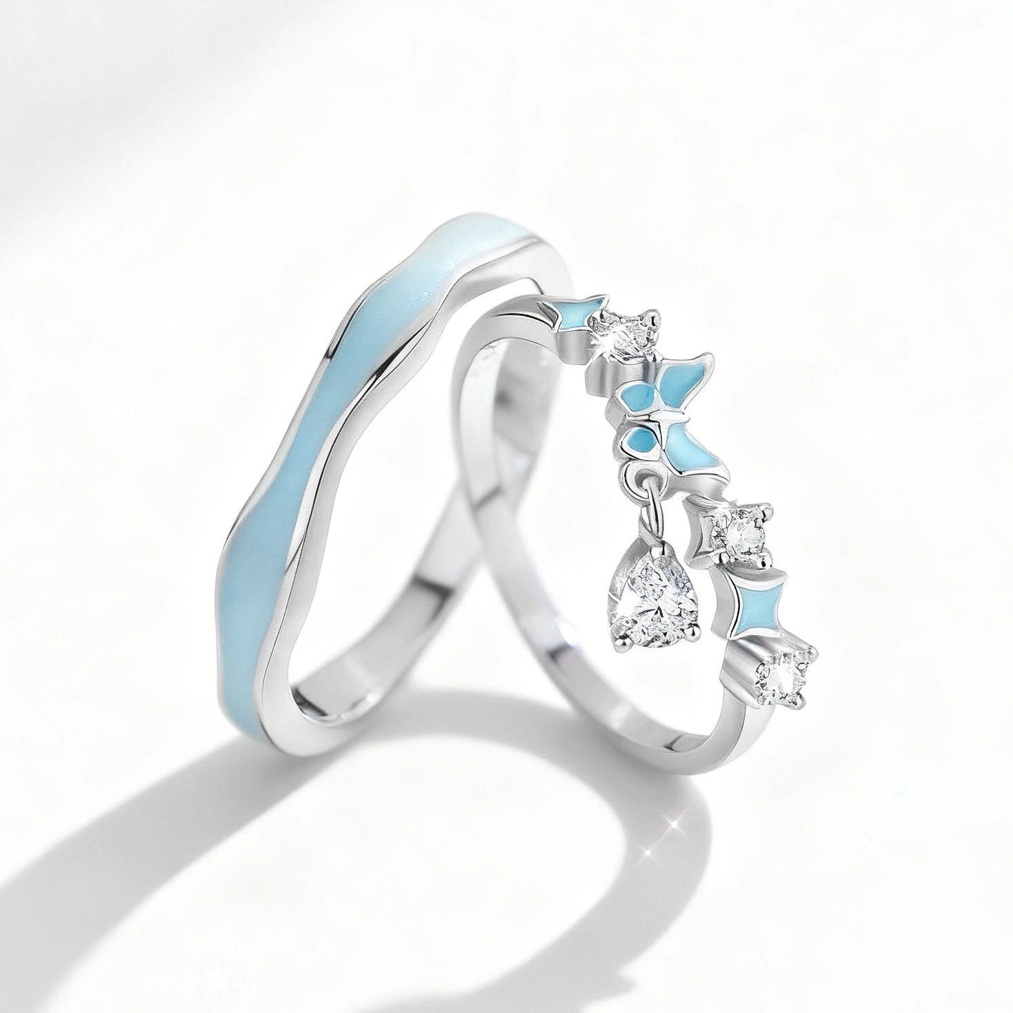 「霧藍星蝶」夜光情侶戒指💍 ｜S925純銀｜免費刻字✒️ ｜夜光對戒✨