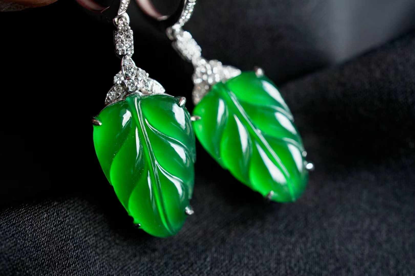 翡翠冰陽綠葉子耳墜,天然翡翠A玉, 緬甸玉, Jade, Jadeite