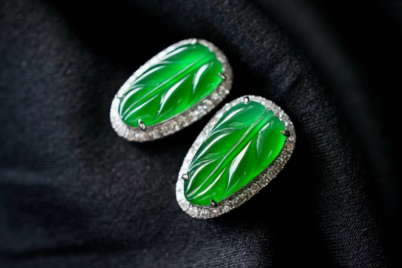 翡翠冰陽綠葉子耳釘,天然翡翠A玉, 緬甸玉, Jade, Jadeite