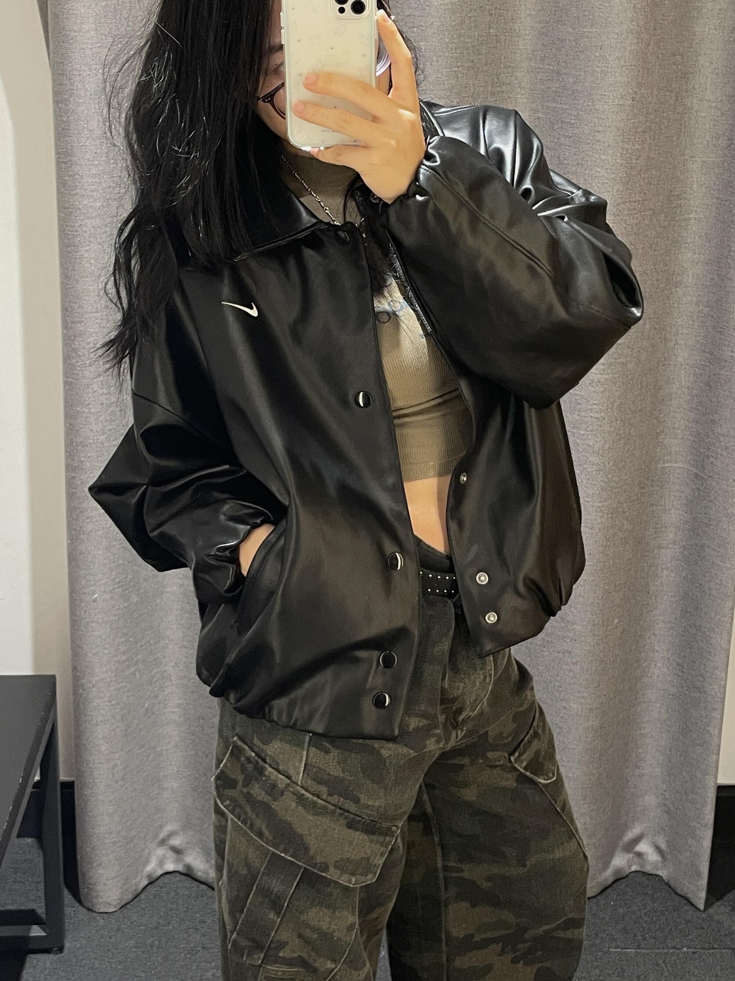 Nike Sportswear 豹紋翻領皮衣 純色簡約皮衣 簡約風 黑色 立領外套 防風外套 寬鬆 鬆弛感 甜酷風 豹紋 女款/預購