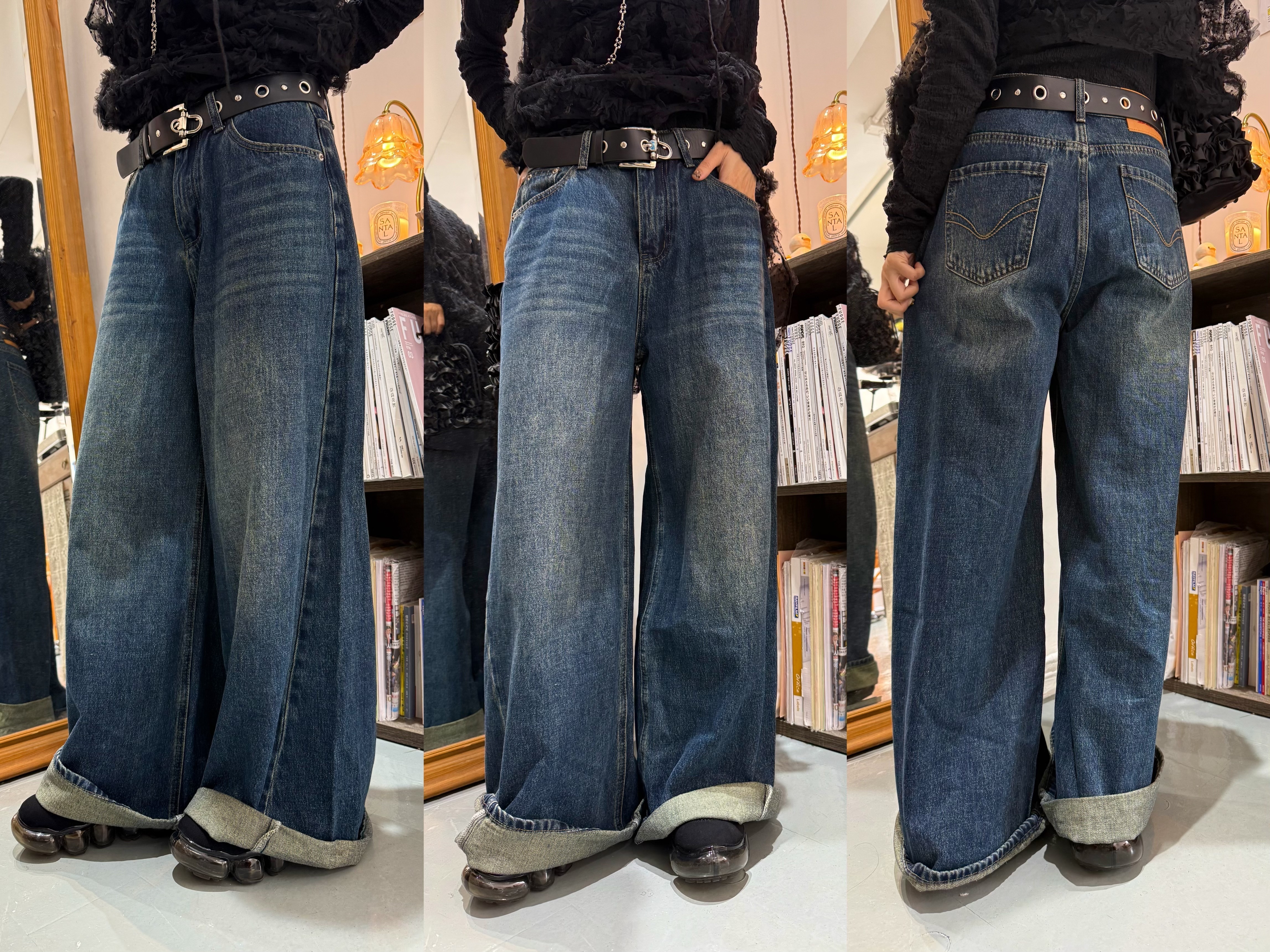 洗水刷色寬鬆牛仔褲