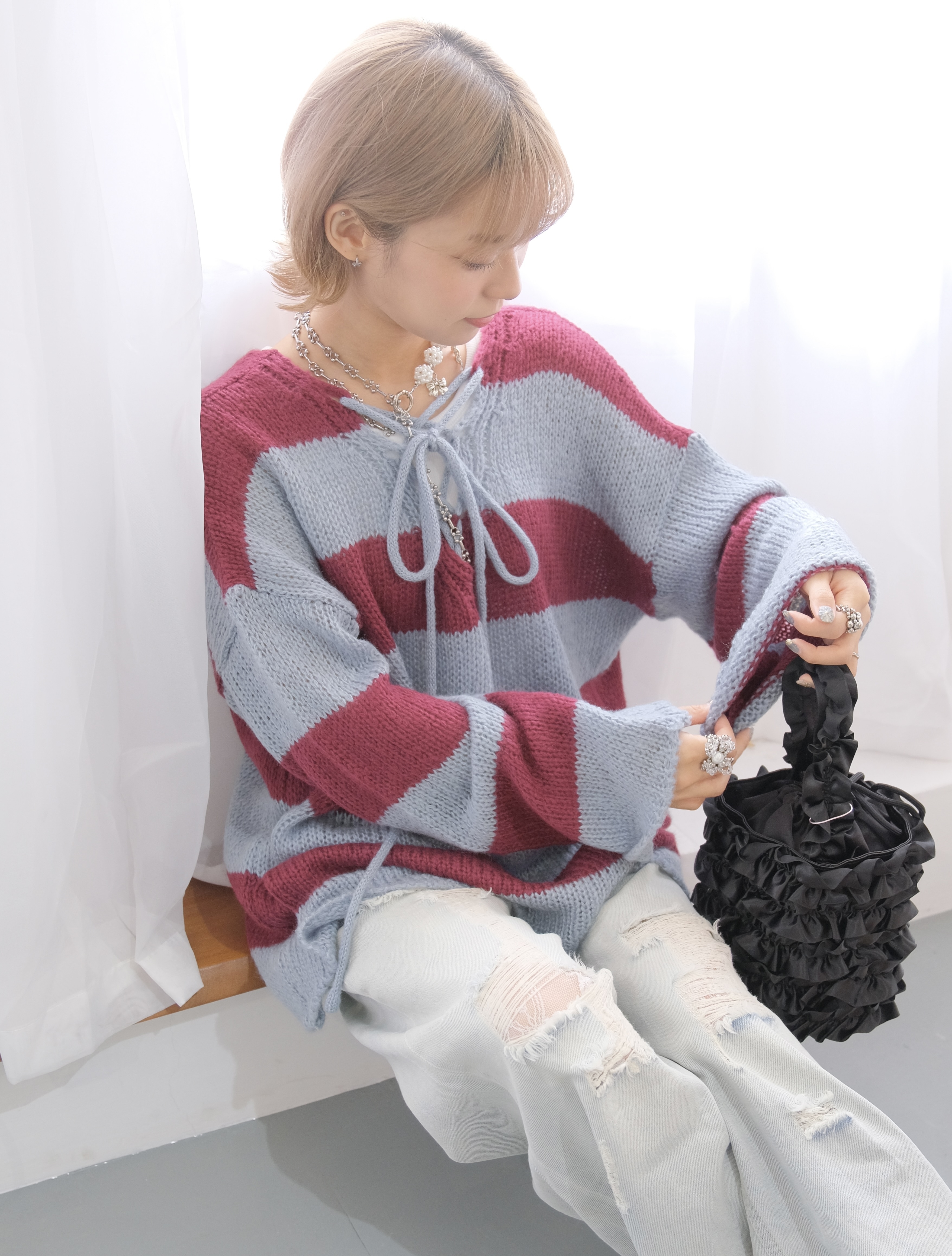 撞色間條交叉針織Top