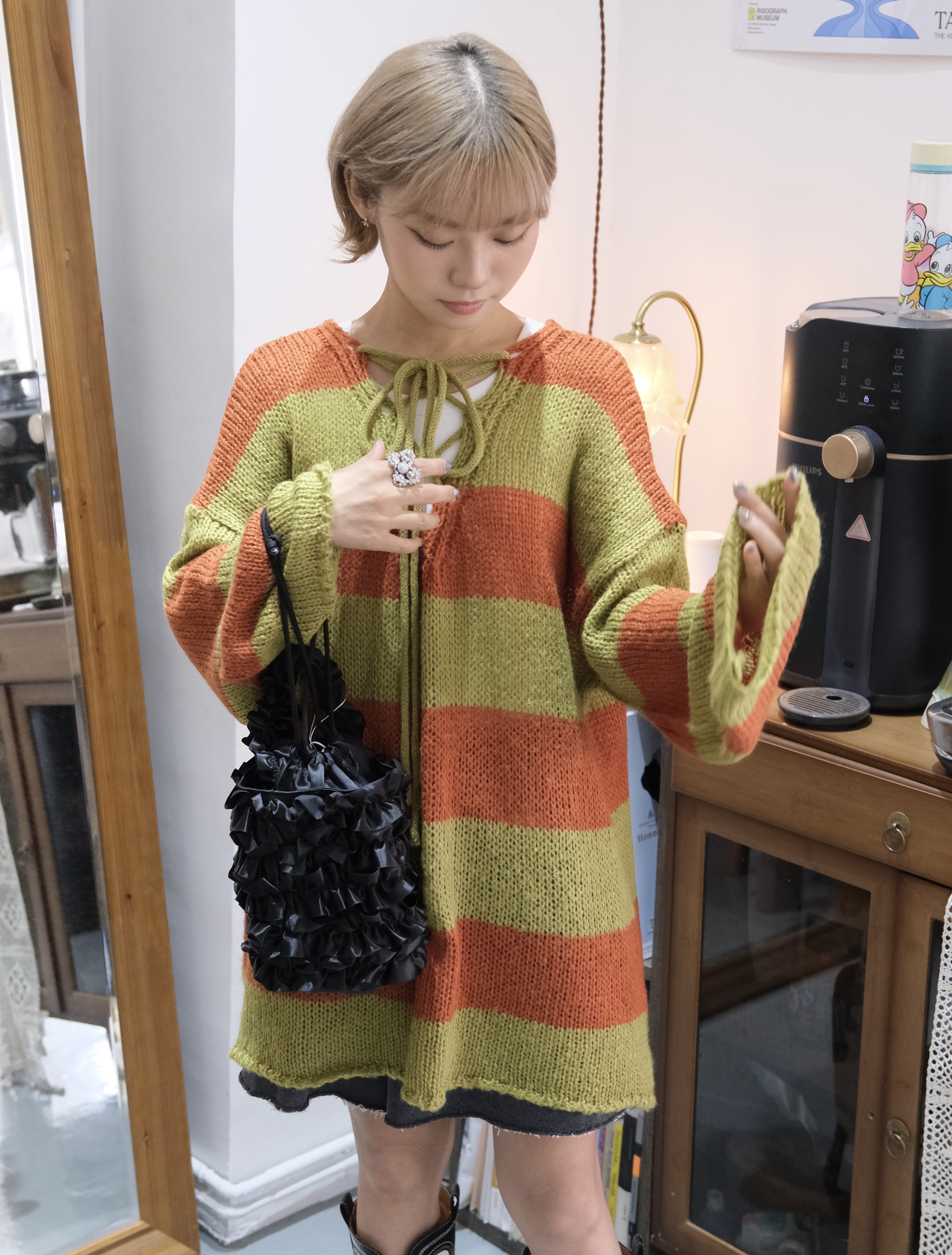 撞色間條交叉針織Top