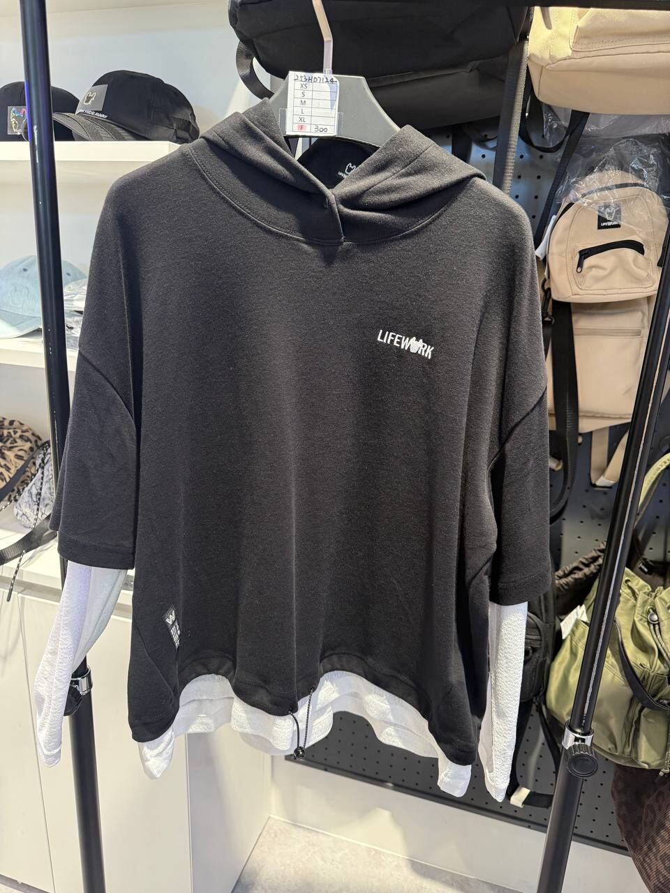 [K] LIFEWORK BLACK WOMEN'S MESH LAYERED LONG SLEEVE HOODED T-SHIRT, LW253HD712-BLACK (KLW1)