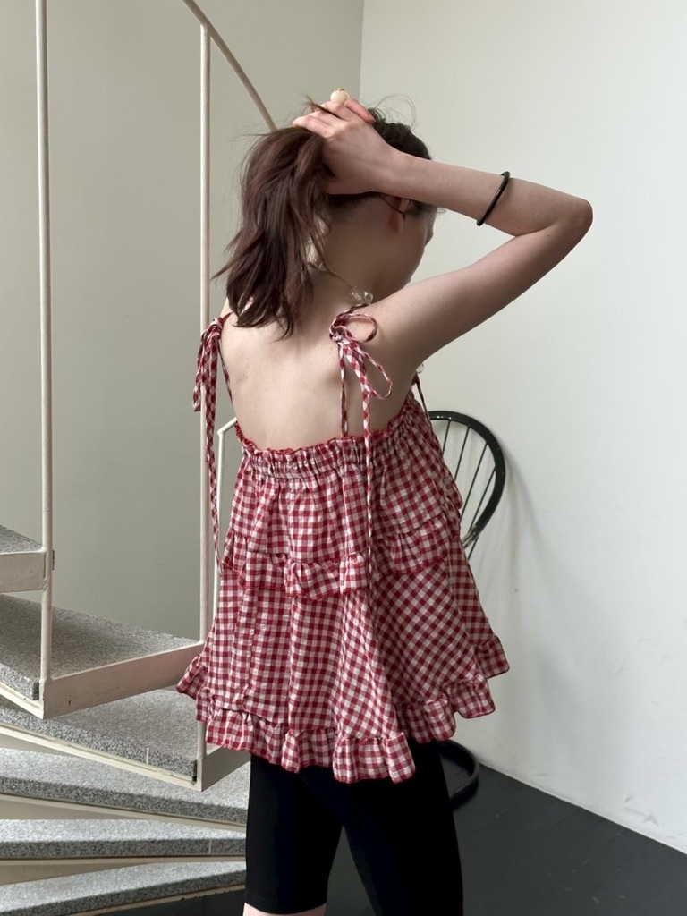 D08 格子平口上衣(紅/白)