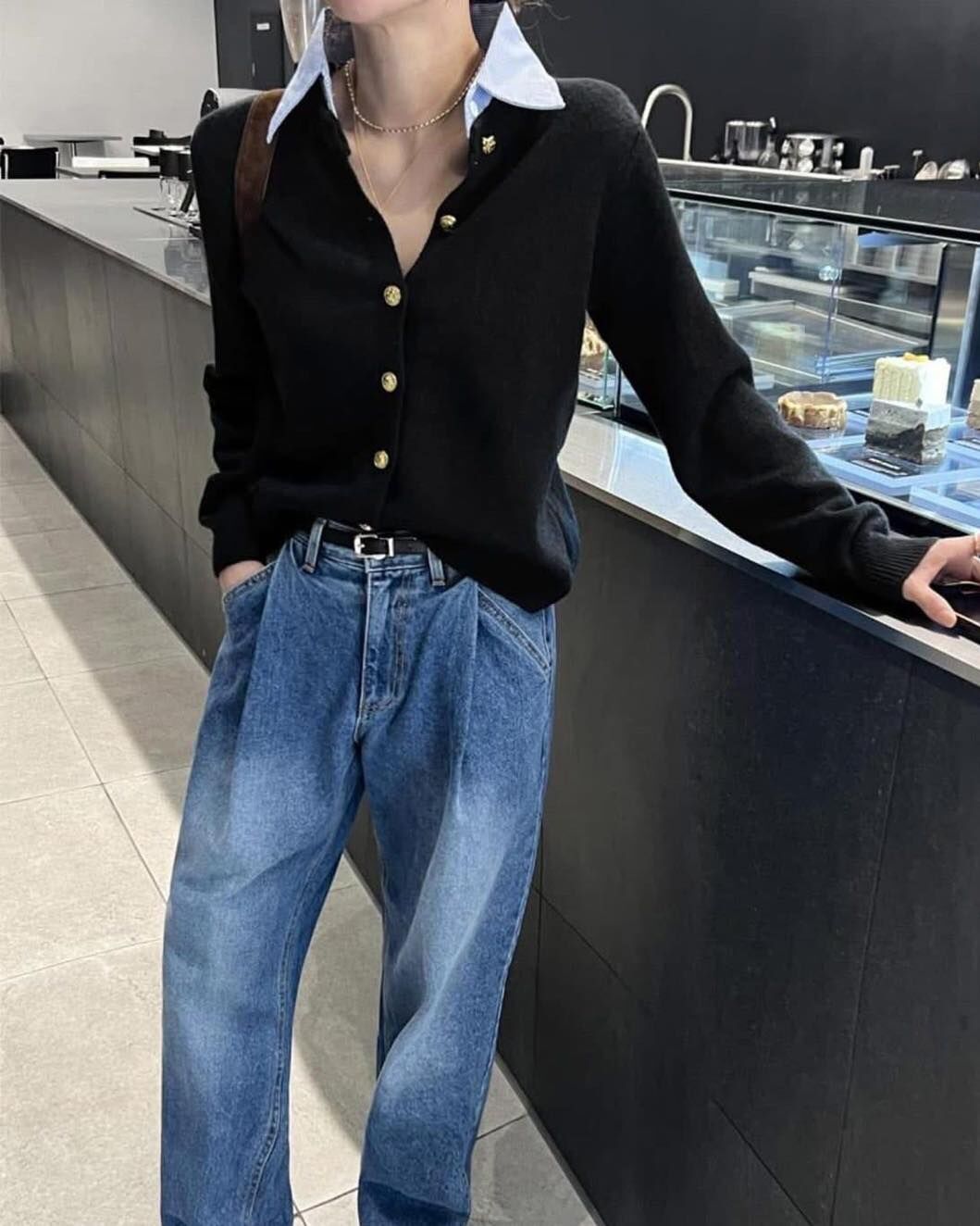 【氣質優雅的條紋領拼接針織外套】（現貨）