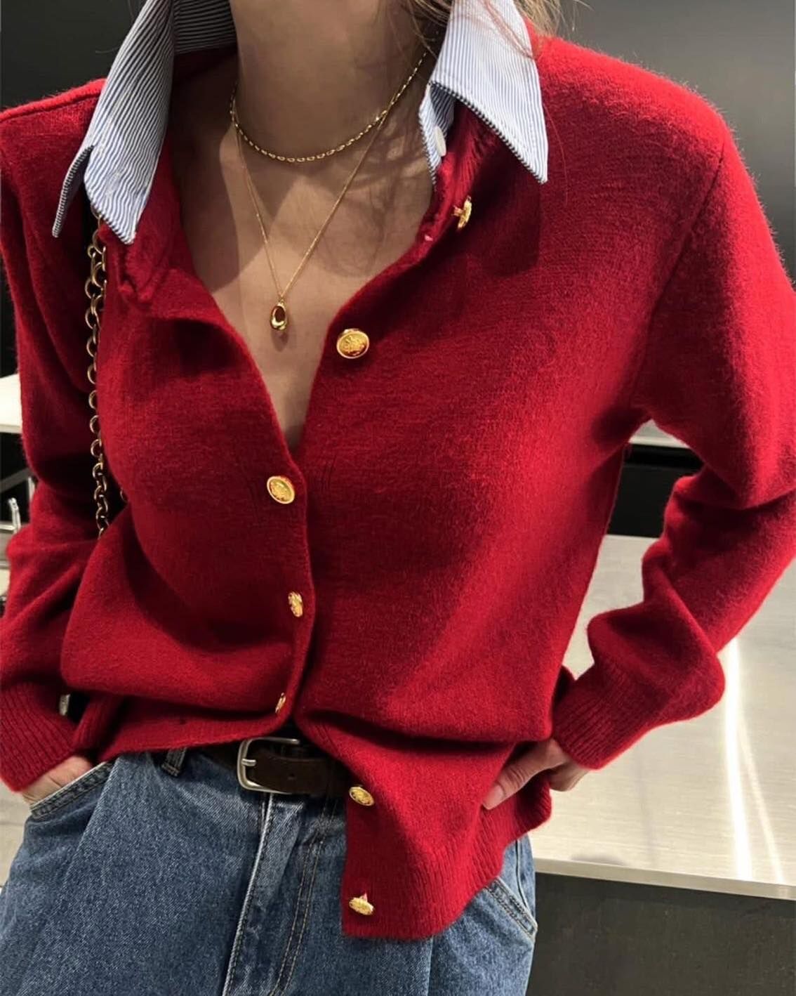 【氣質優雅的條紋領拼接針織外套】（現貨）