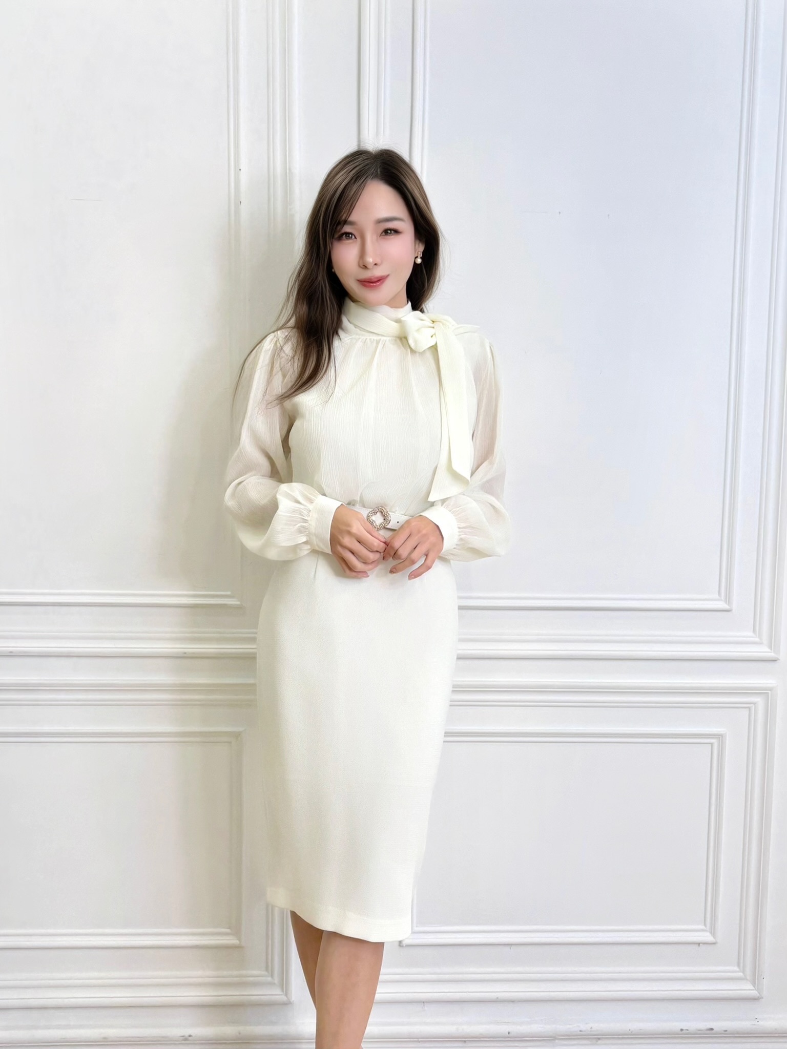 袖透膚領巾鑽釦腰帶洋