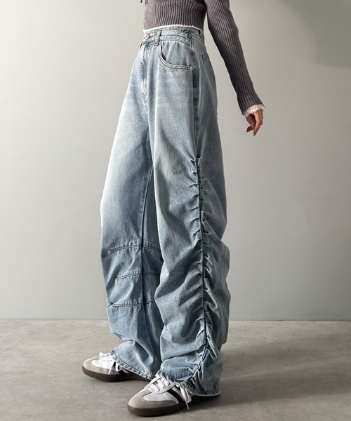 日本🇯🇵連線 Mily Bilet 側抓皺不對稱牛仔褲 皺摺 抓皺 寬褲 復古 牛仔褲 落地褲 長褲 直筒褲 3色(任買兩件711免運)/預購