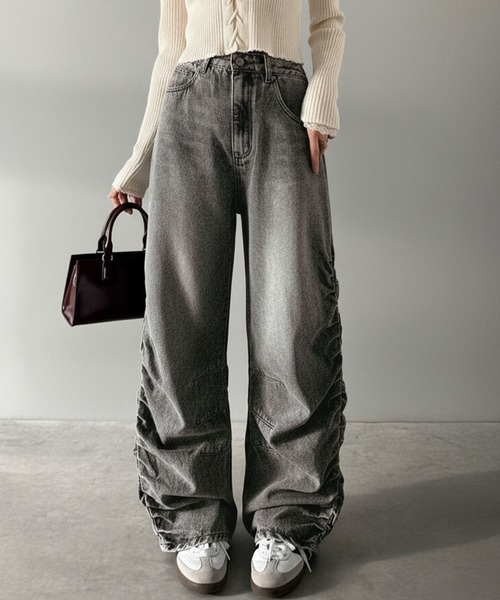 日本🇯🇵連線 Mily Bilet 側抓皺不對稱牛仔褲 皺摺 抓皺 寬褲 復古 牛仔褲 落地褲 長褲 直筒褲 3色(任買兩件711免運)/預購