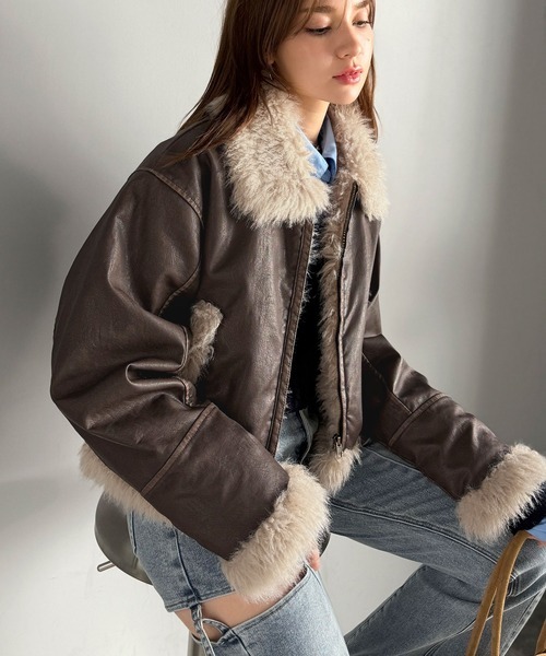 日本🇯🇵連線 Mily Bilet 復古保暖絨毛領x仿皮騎士夾克 短版 毛絨 皮衣 外套 夾克 長袖 2色(任買兩件711免運)/預購