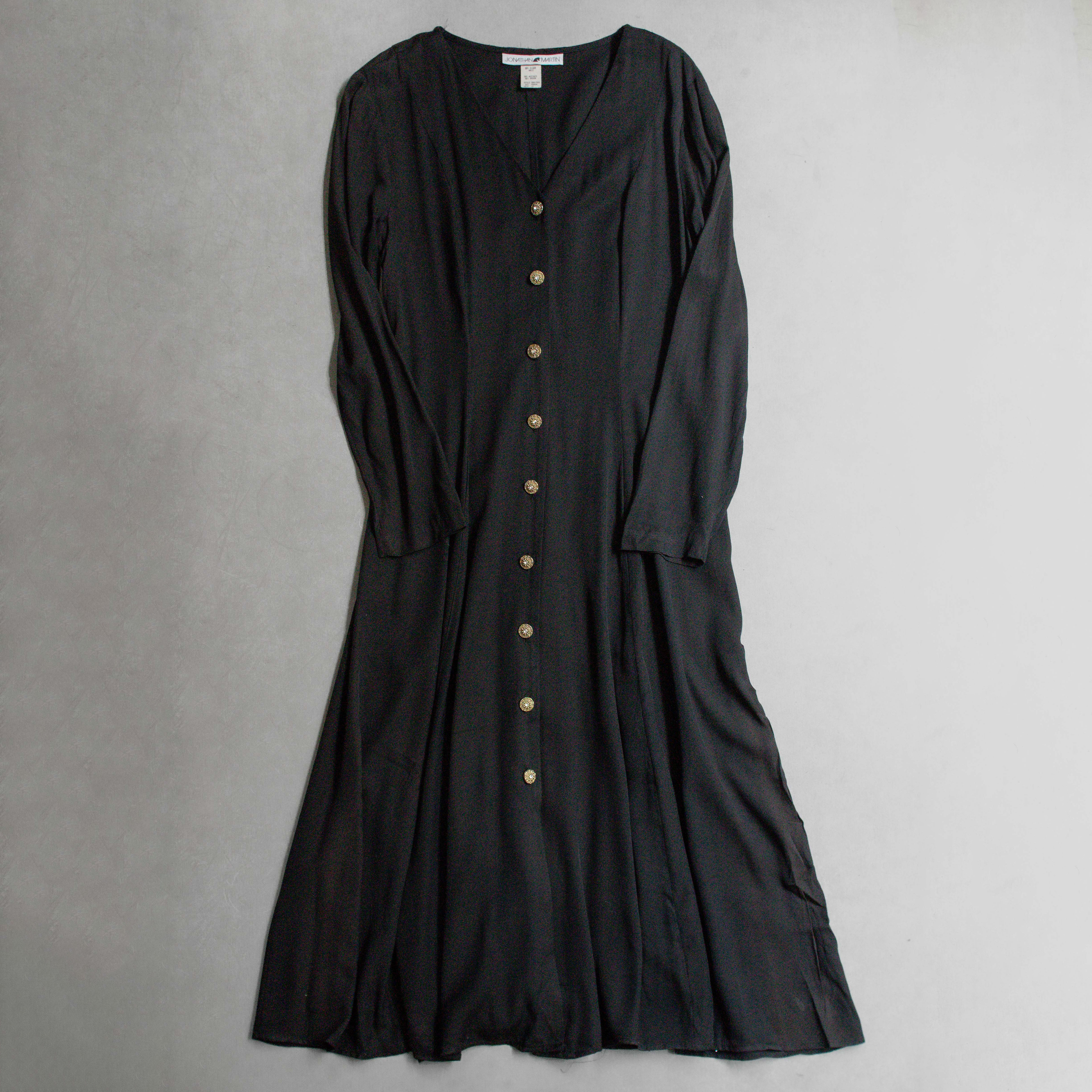 VINTAGE LONG DRESS 美國 黑色 嫘縈  V領 連身 長袖 長版 洋裝