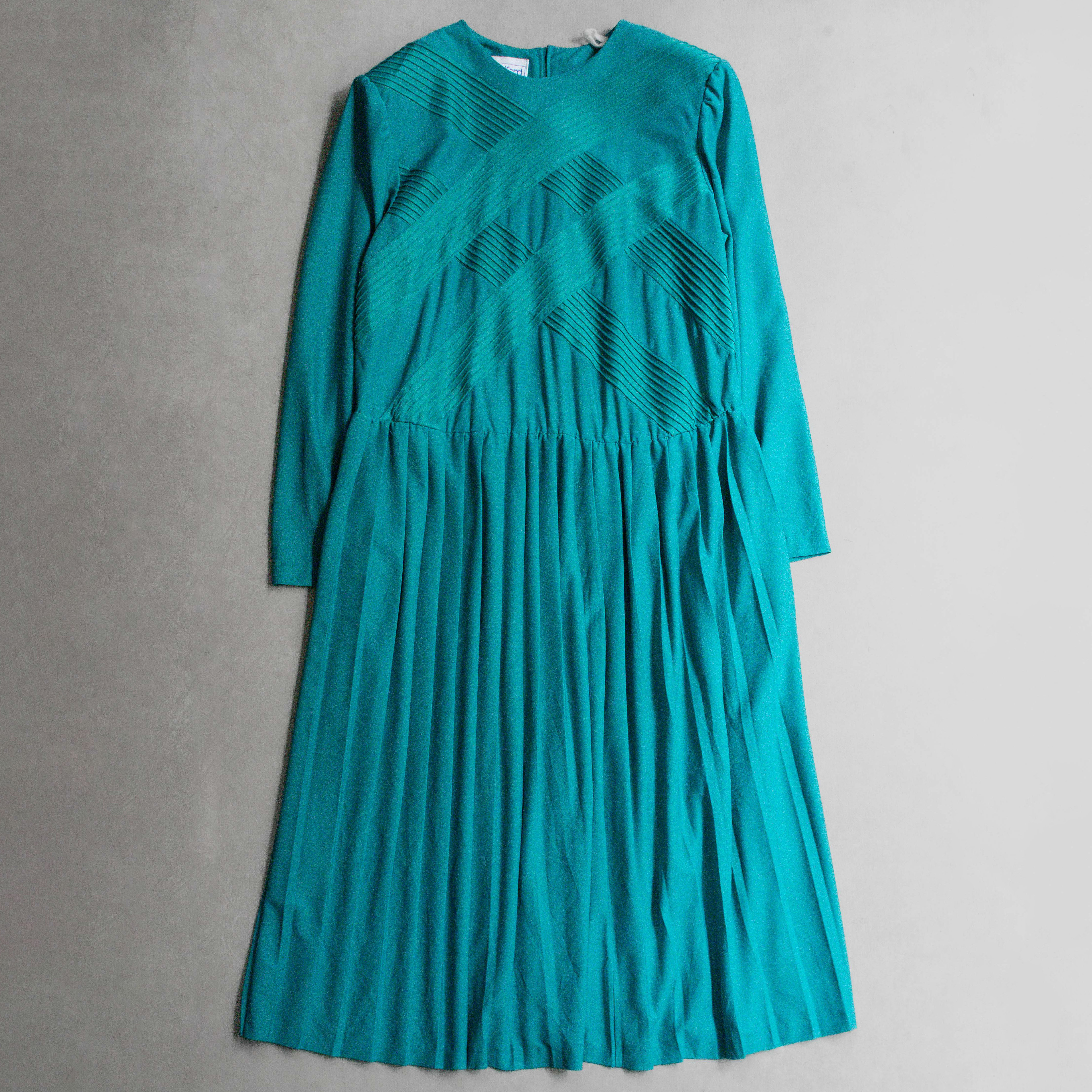 VINTAGE LONG DRESS 美國製 藍綠色 抓皺 連身 長袖 長版 洋裝