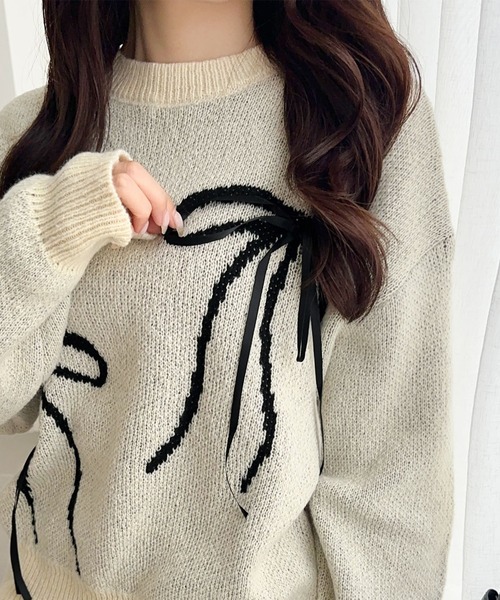 日本🇯🇵連線 Mily Bilet 蝴蝶結緞帶緹花針織套頭衫 針織 緞帶 絲帶 針織衫 套頭衫 長袖 4色(任買兩件711免運)/預購