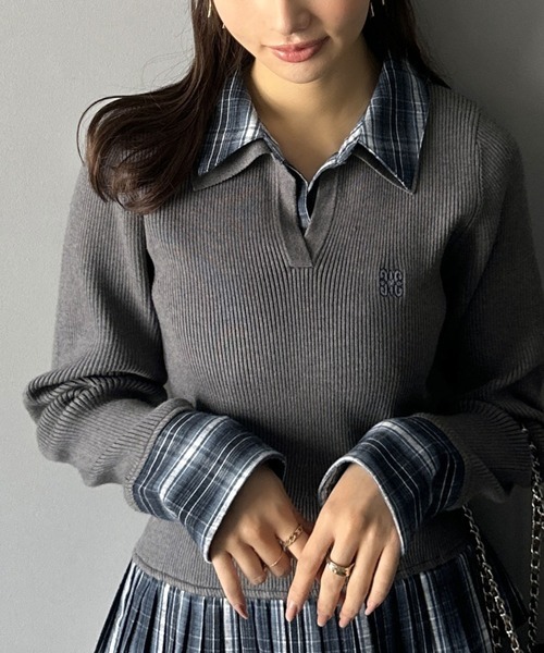 日本🇯🇵連線 Mily Bilet 時尚疊穿格紋拼接針織衫 層次感 羅紋針織 針織衫 格紋 長袖 3色(任買兩件711免運)/預購